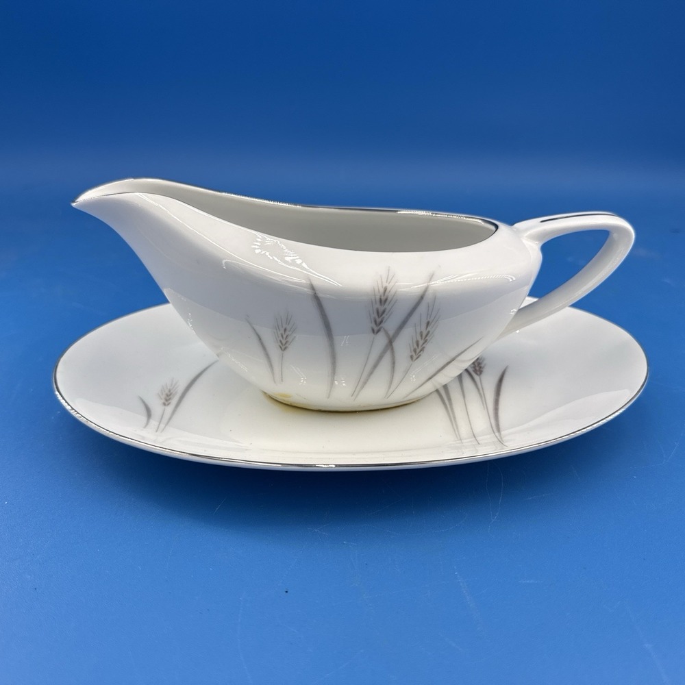 Vintage Platinum Wheat Fine China Japan Gravy Boat And Under Plate
